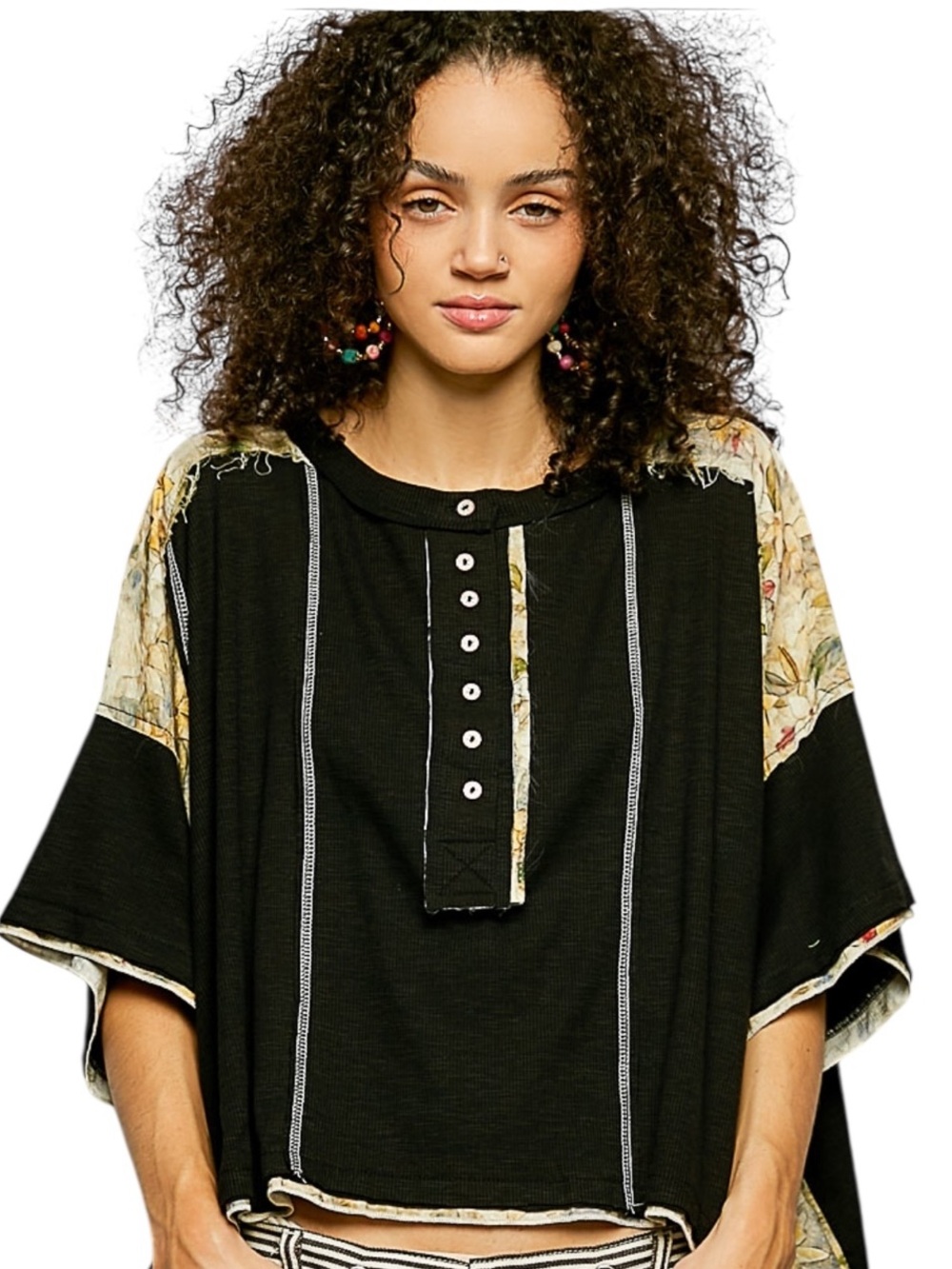 POL Black Floral-Accent Button Henley with Short Sleeves Top